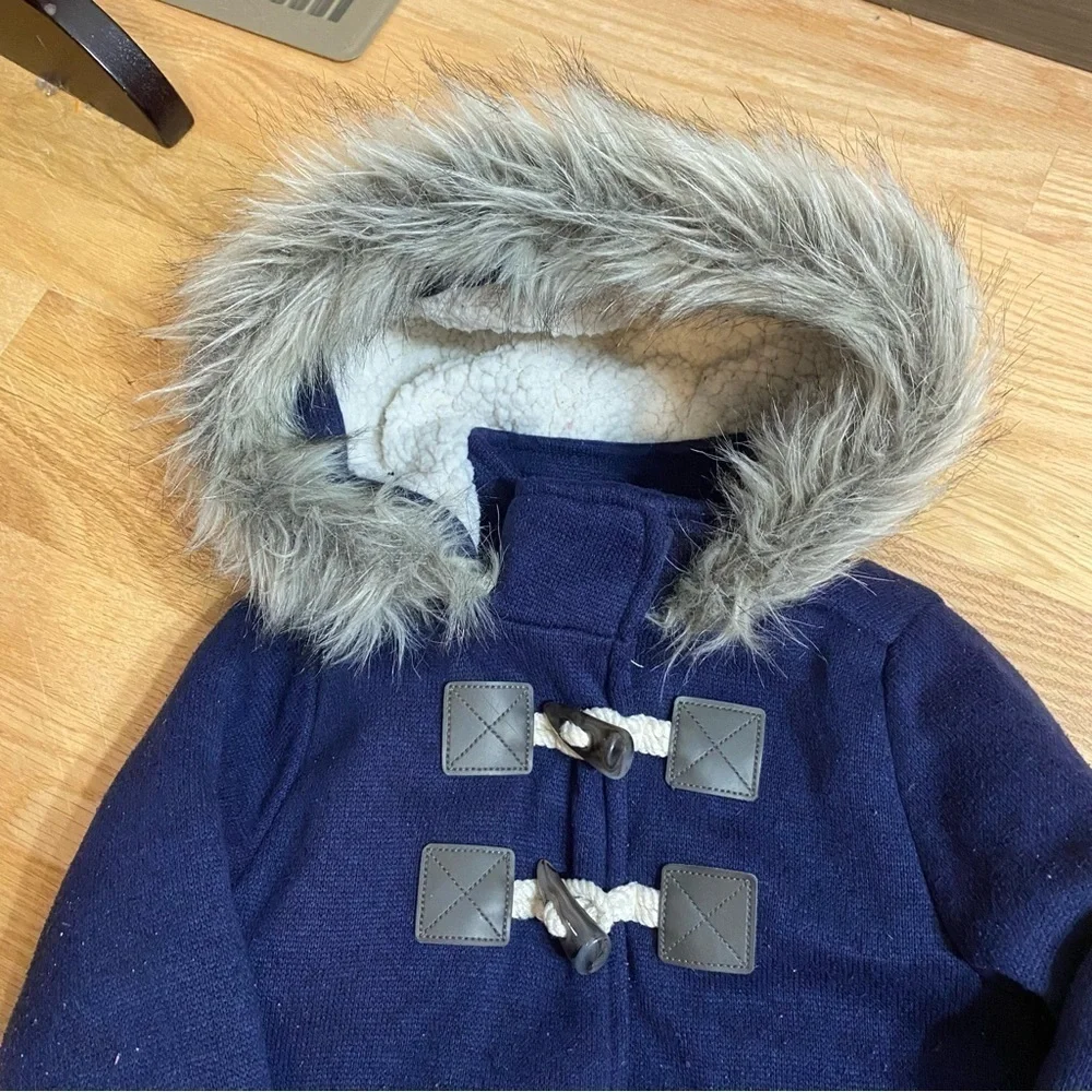 Old Navy Sz 5 Blue Coat Toggle Button Faux Fur Hood Jacket XS Full Zip